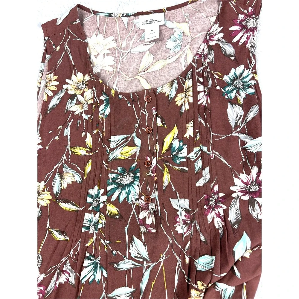 Vermont Country Store Dress M Tie Back Brown Floral Pintuck Midi Cottage Country